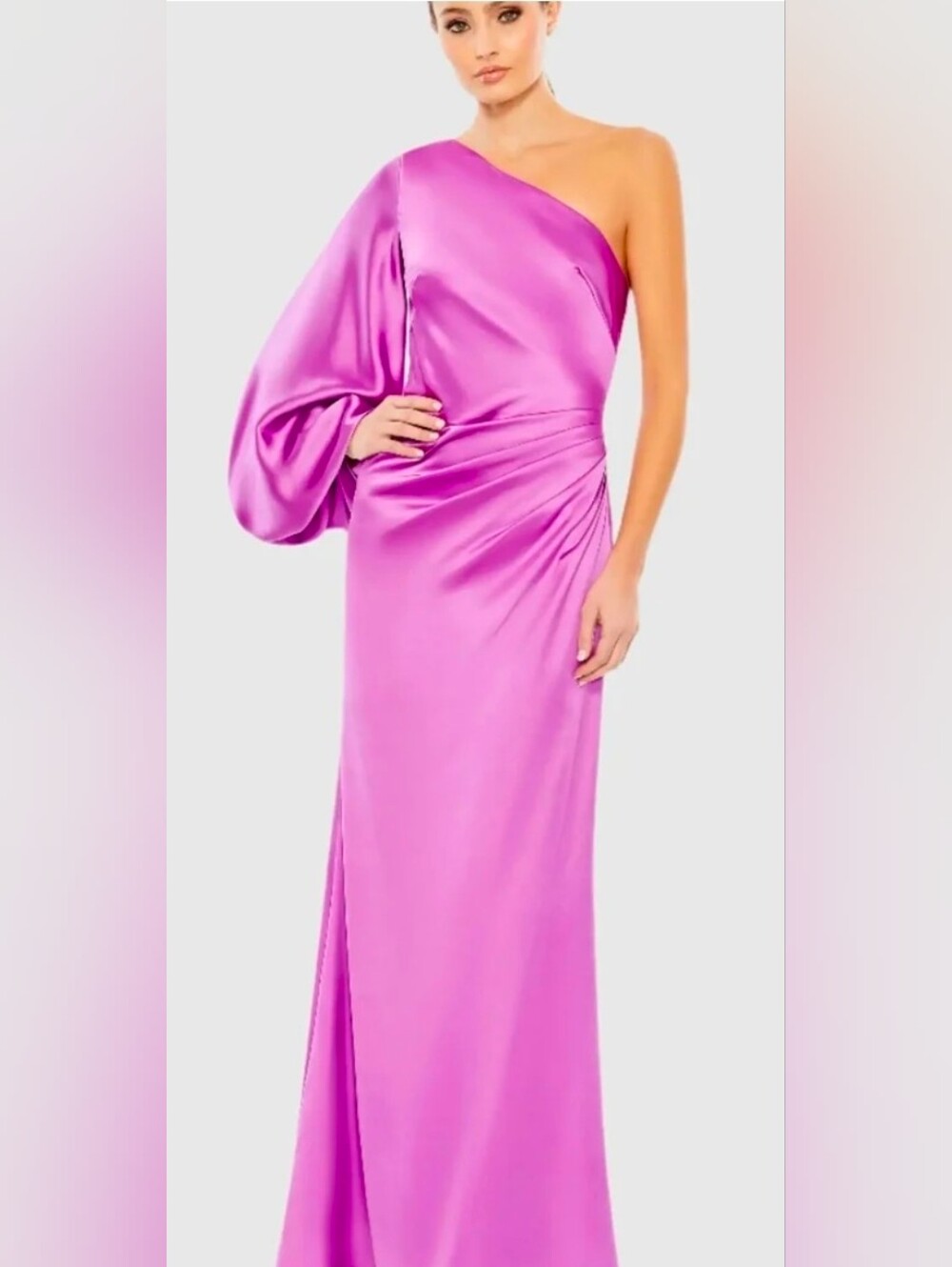 Mac Duggal NWT Orchid Pink One Puff Sleeve Satin Maxi Gown Dress Size 4 #26588